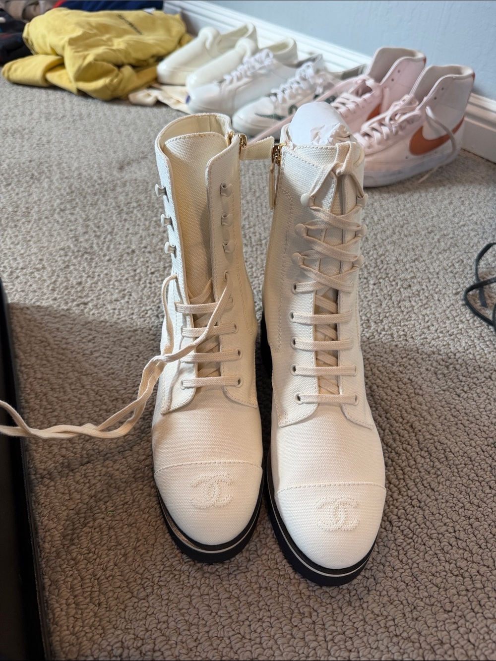 Chanel Ivory linen Lace-Up Canvas Combat Boots
